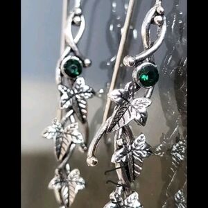 Elegant Silver Leaf Earrings with Green Accents